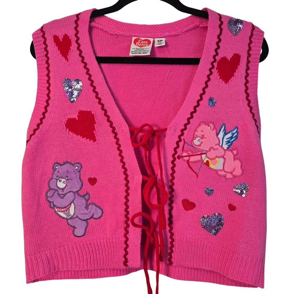 NWOT -‎ Care Bears Pink Knit Sweater Vest Front Tie Share Bear Sequin Hearts S